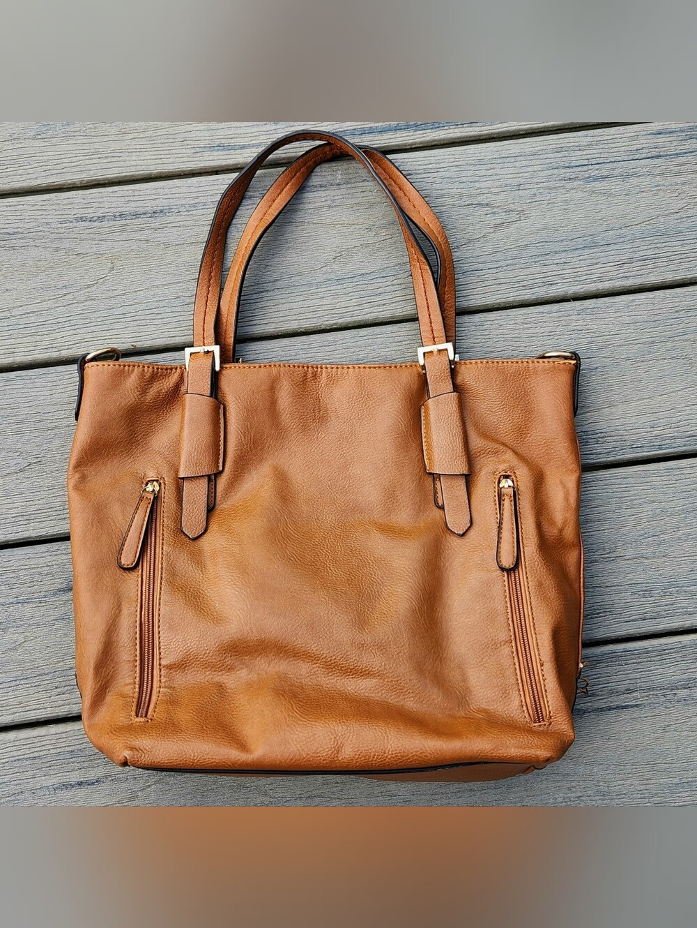 Caramel Tan Stud-Trim Leather Tote Conceal Carry Vegan Leather *Virago - Picture 7 of 10